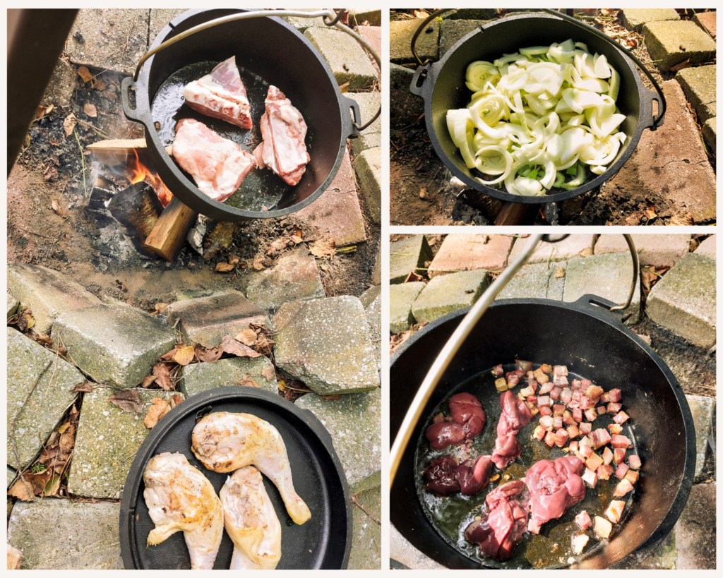 Collage Italiaanse vleesragout in Dutch oven op vuur